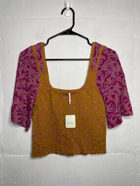 NEW Free People Marigold Smocked Floral Blouse Bronze Purple Small